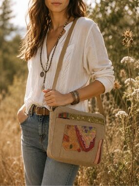 Vintage Addiction Recycled Military Tent Canvas Patchwork Crossbody New Travel